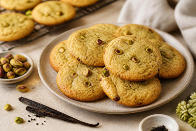 Vegan pistachio vanilla cookies made with Tahitian vanilla