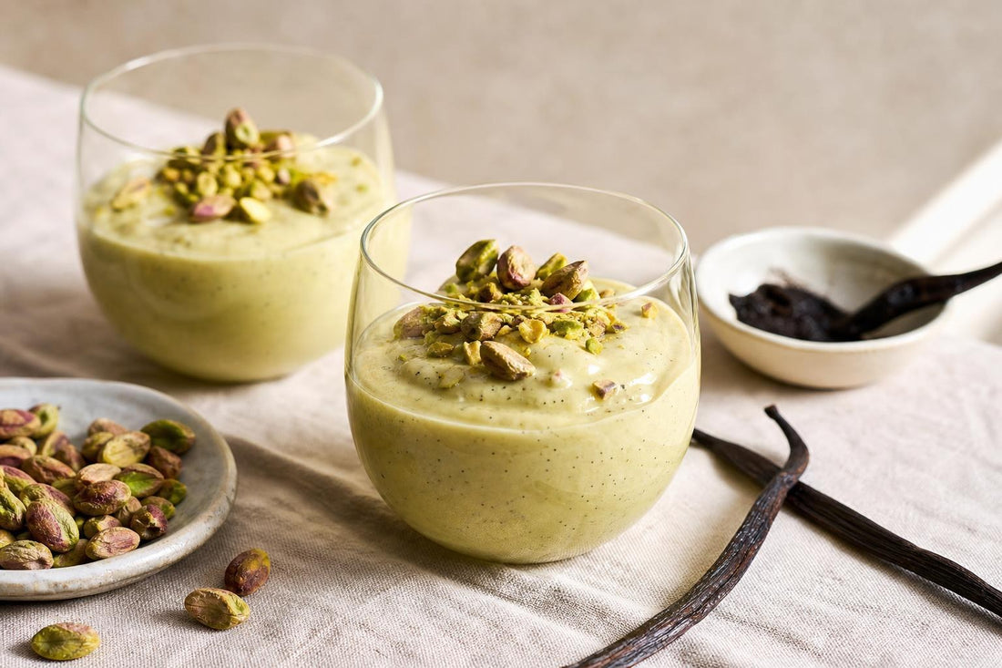 Vegan pistachio vanilla pudding made with Ugandan vanilla