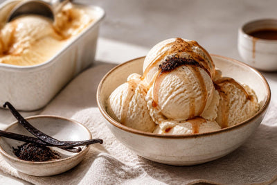 Vegan salted caramel vanilla ice cream made with Ugandan vanilla