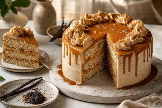 Vegan salted caramel vanilla layer cake