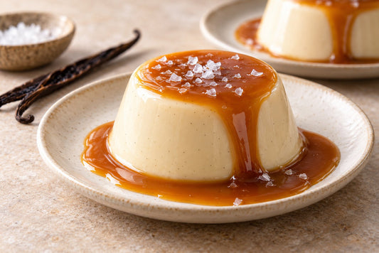 Vegan Salted Caramel Vanilla Panna Cotta, unmolded on a plate with vanilla beans