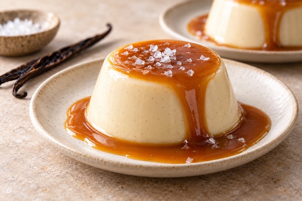 Vegan Salted Caramel Vanilla Panna Cotta, unmolded on a plate with vanilla beans