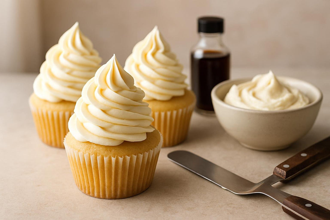 Cupcakes piped with vegan vanilla buttercream frosting