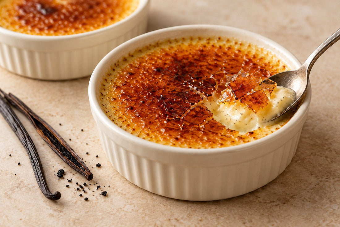 Vegan Vanilla Crème Brûlée in a ramekin with a caramelized sugar crust