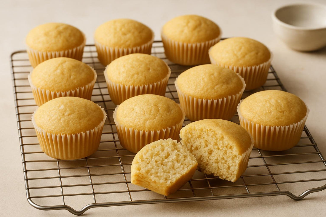 A dozen unfrosted vegan vanilla cupcakes in paper liners on a cooling rack, golden domes, one split to show the crumb