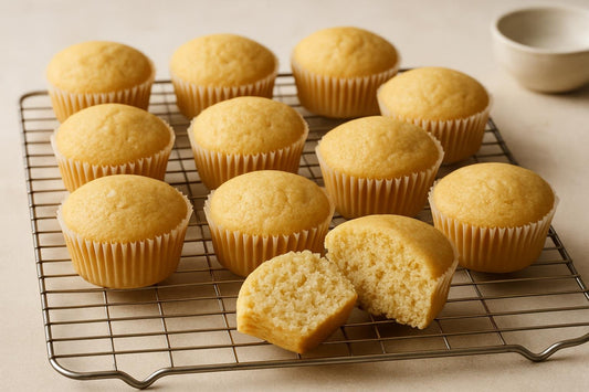 A dozen unfrosted vegan vanilla cupcakes in paper liners on a cooling rack, golden domes, one split to show the crumb