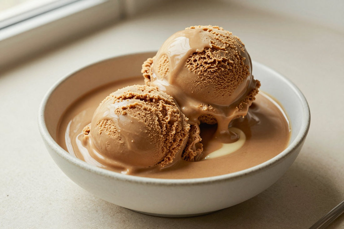 Two generous scoops of vietnamese coffee-style ice cream in a shallow ceramic bowl, softly melting at the edges