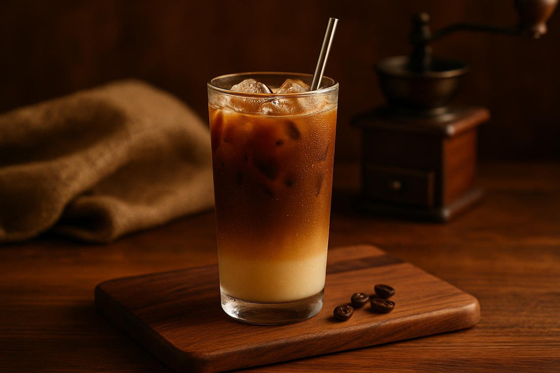 Vietnamese Iced Coffee in a glass on an oak serving board