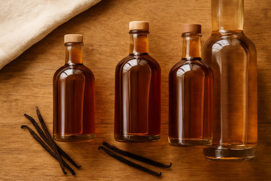 Three clear glass bottles of amber vanilla extract on a wooden kitchen counter with vanilla beans beside each bottle, one