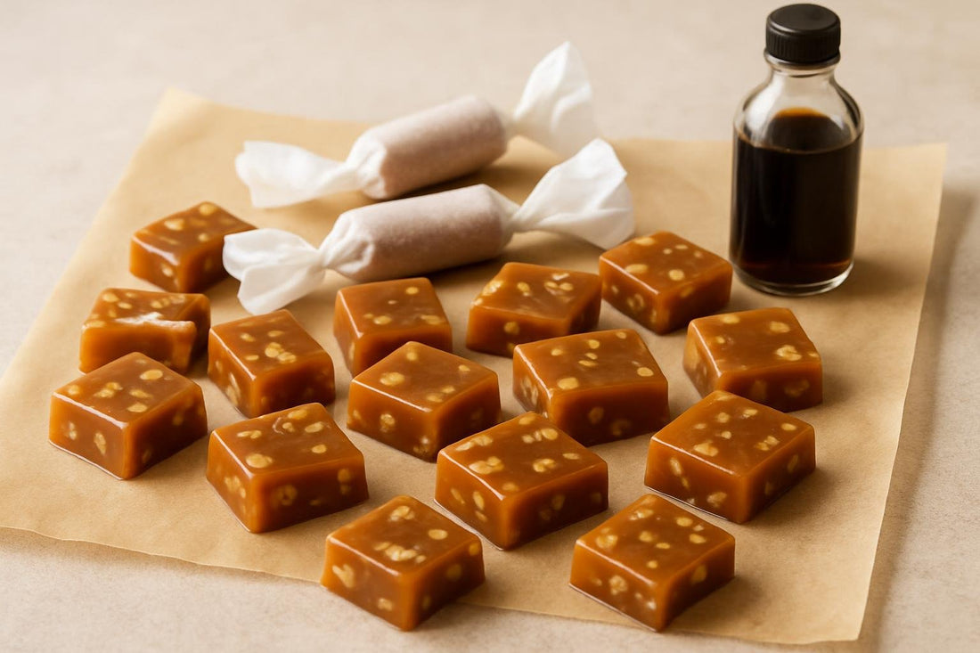 Walnut Caramels cut and wrapped in wax paper