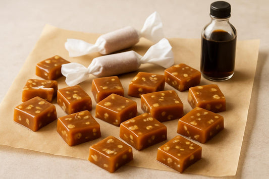 Walnut Caramels cut and wrapped in wax paper