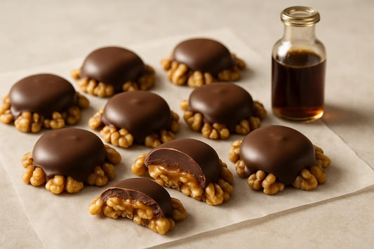 Homemade walnut turtle candies on parchment