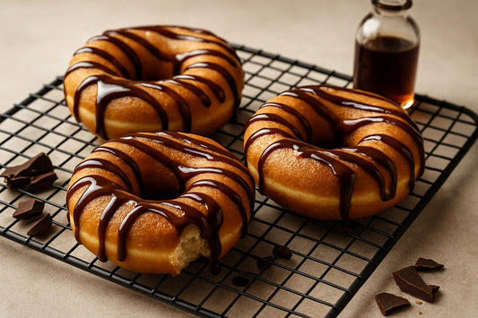 Doughnuts finished with warm fudge drizzle on a cooling rack