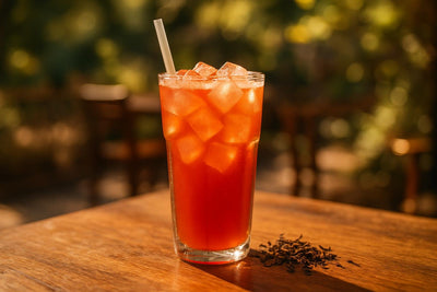 Watermelon Iced Tea in a glass on an oak patio table