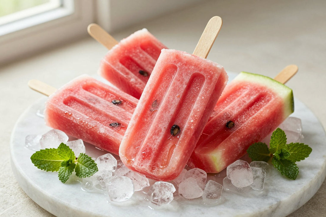 Three watermelon popsicles on a bed of crushed ice on a light marble surface, one with a bite taken out