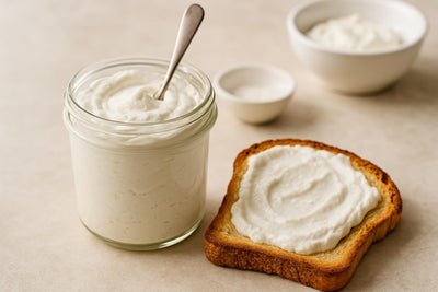 Jar of whipped cottage cheese spread with toast