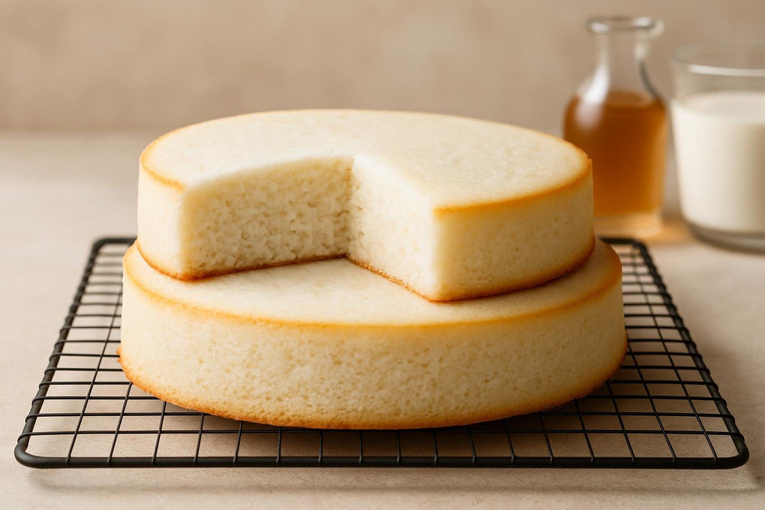 Two bare, level rounds of white cake layers stacked on a cooling rack with one slice cut to show the crumb