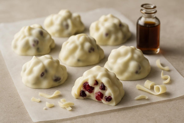 Homemade white chocolate berry clusters on parchment