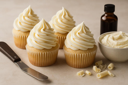 Cupcakes piped with white chocolate buttercream frosting