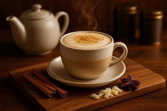 White Chocolate Chai in a ceramic mug on an oak serving board