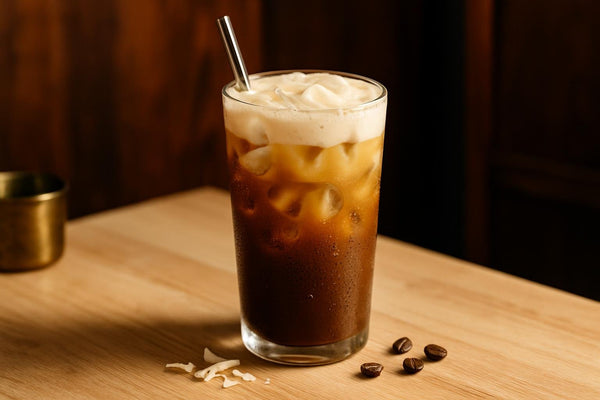 White Chocolate Cold Brew in a glass on an oak kitchen island