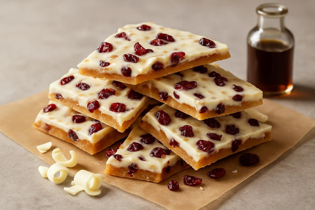 Shards of white chocolate cranberry toffee on parchment