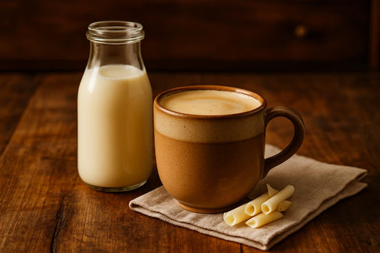 White Chocolate Creamer in a ceramic mug on an oak table