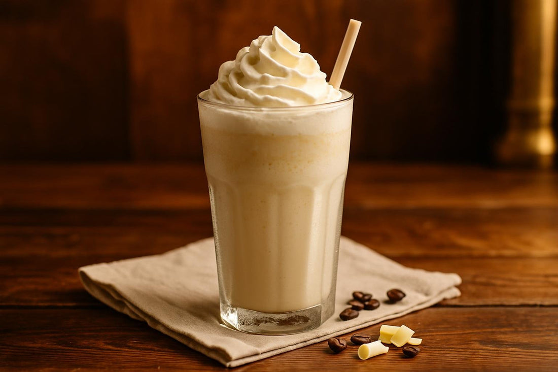 White Chocolate Frappé in a glass on an oak table
