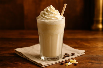 White Chocolate Frappé in a glass on an oak table