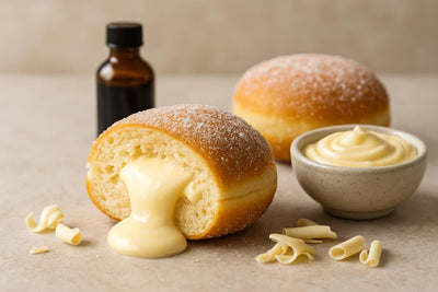 Filled doughnut cut open to show white chocolate ganache filling