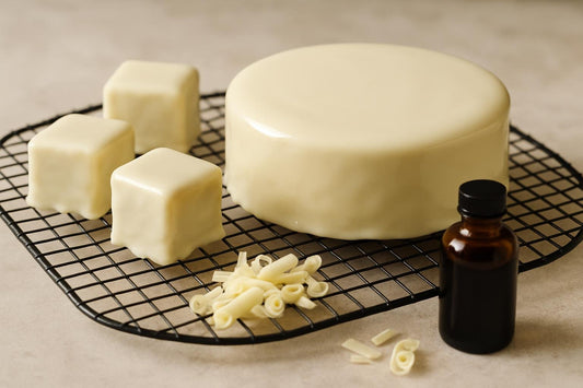 Cake coated in glossy white chocolate ganache icing