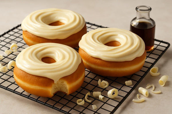 Doughnuts finished with white chocolate ganache topping on a cooling rack