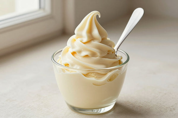 A generous swirl of white chocolate gelato in a small glass cup with a flat gelato spade