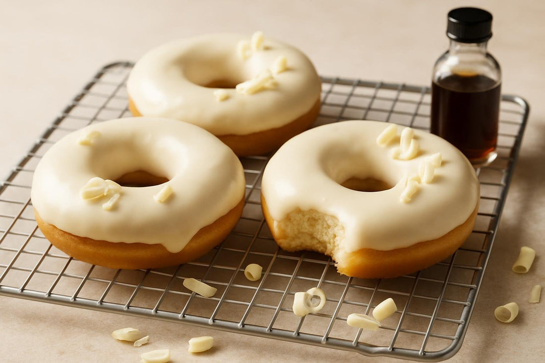 Doughnuts finished with white chocolate glaze on a cooling rack
