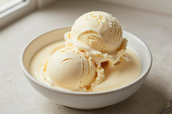 Two generous scoops of white chocolate ice cream in a shallow ceramic bowl, softly melting at the edges