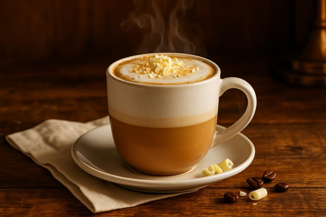 White Chocolate Latte in a ceramic mug on an oak table
