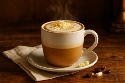 White Chocolate Latte in a ceramic mug on an oak table