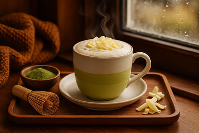 White Chocolate Matcha Latte in a ceramic mug on an oak tray by a window