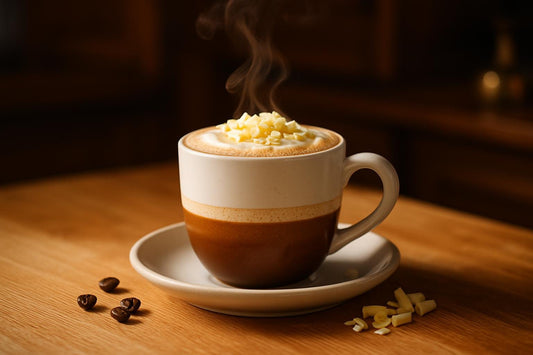 White Chocolate Mocha in a ceramic mug on an oak kitchen island