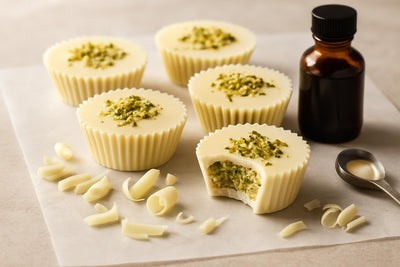 Homemade white chocolate pistachio cups on parchment