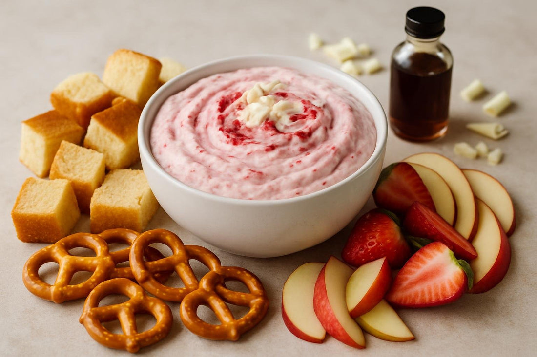 Bowl of white chocolate raspberry dip with brioche, pretzels and fruit