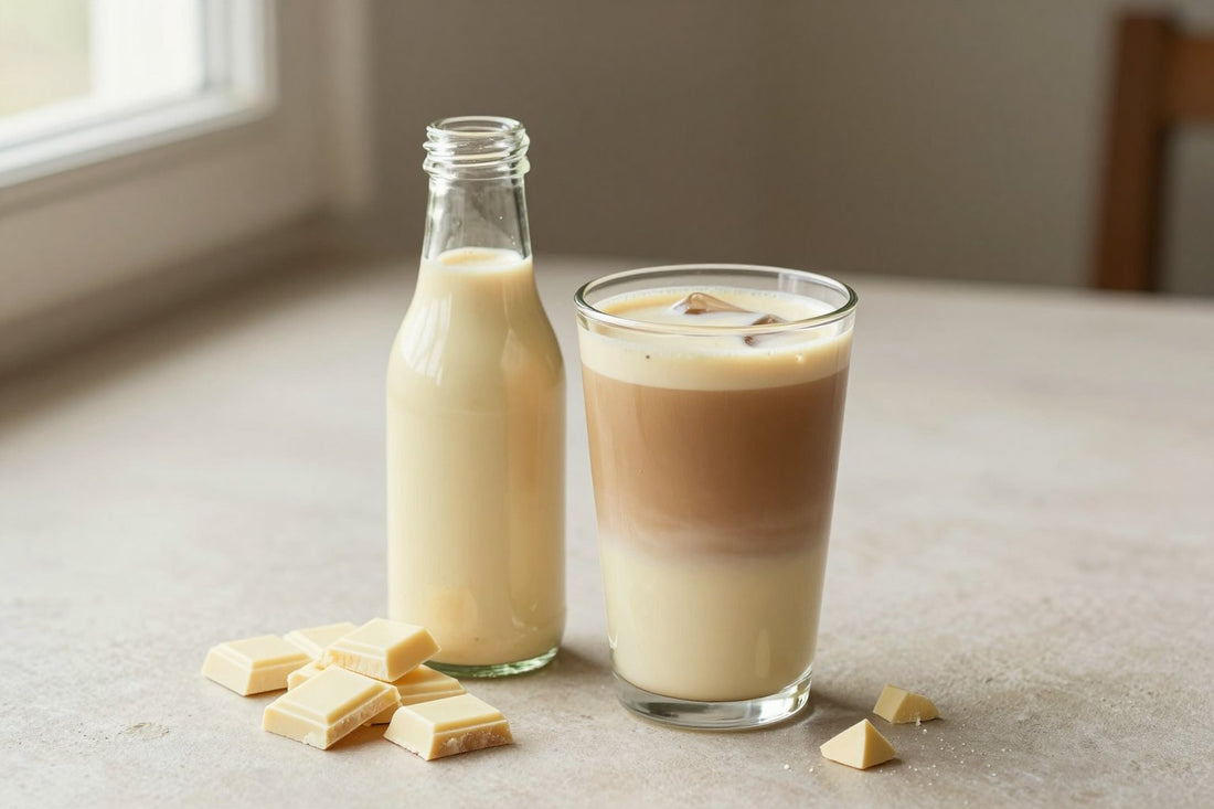 A small glass bottle of white chocolate sauce with a pour spout, beside an iced latte sweetened with it