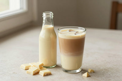 A small glass bottle of white chocolate sauce with a pour spout, beside an iced latte sweetened with it