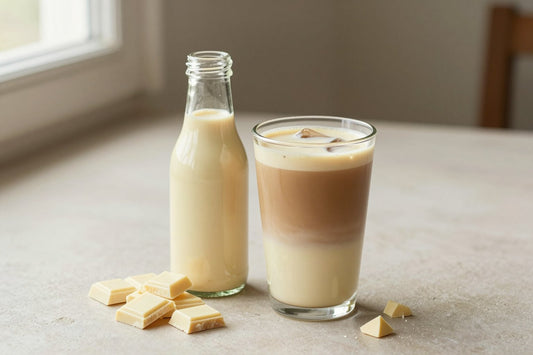 A small glass bottle of white chocolate sauce with a pour spout, beside an iced latte sweetened with it