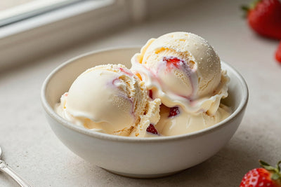 Two generous scoops of white chocolate strawberry ice cream in a shallow ceramic bowl, softly melting at the edges