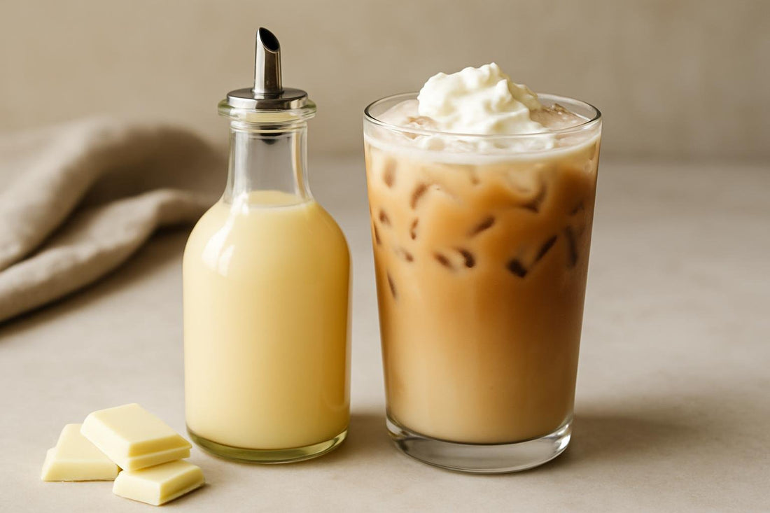 A small glass bottle of white chocolate syrup with a pour spout, beside an iced latte sweetened with it