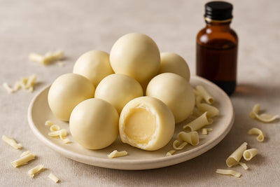 White Chocolate Truffles on a plate, one bitten