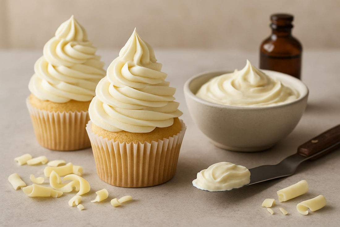Cupcakes piped with white chocolate whipped ganache frosting
