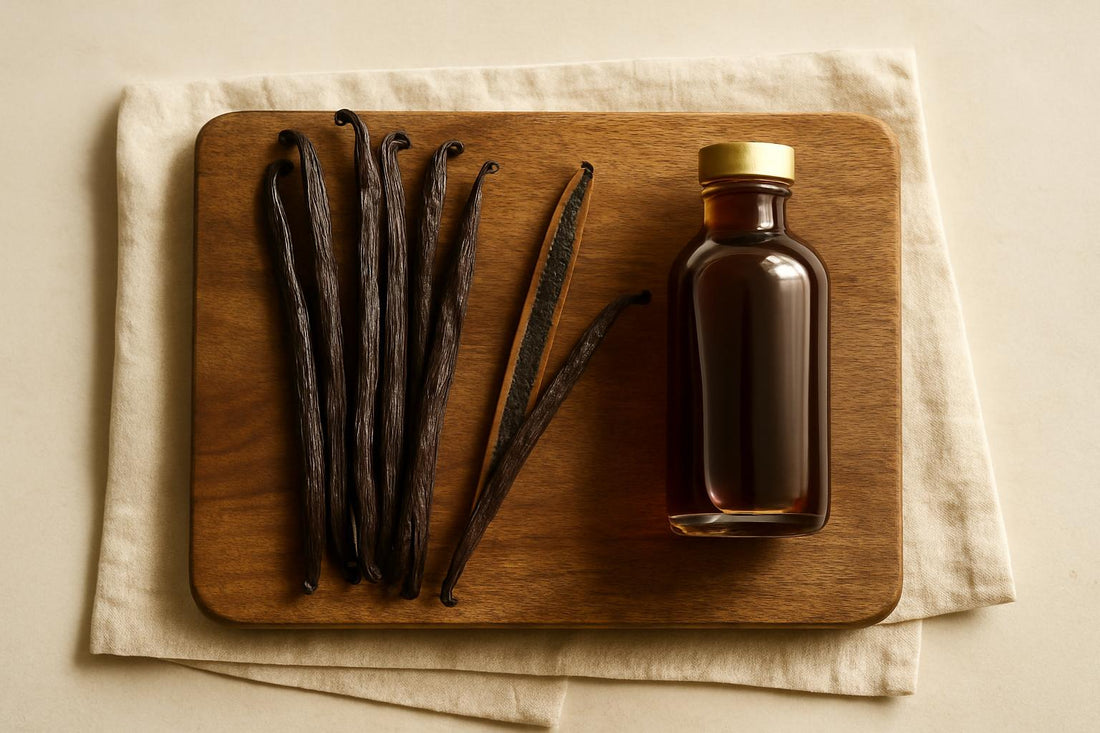 Whole Madagascar vanilla beans lying next to a small glass bottle of vanilla extract on a wooden cutting board, with a split
