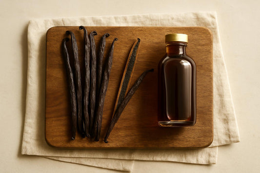 Whole Madagascar vanilla beans lying next to a small glass bottle of vanilla extract on a wooden cutting board, with a split